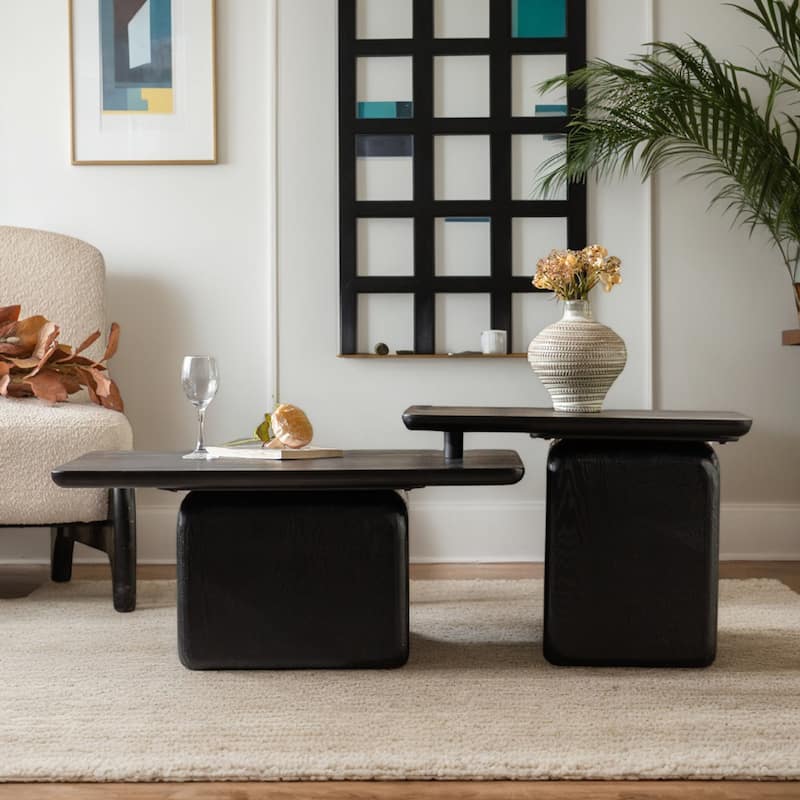Vintage Coffee Table Set, Stylish Square Coffee Table with Wood Grain Finish for Living Room, Black, Set of 2 - Black