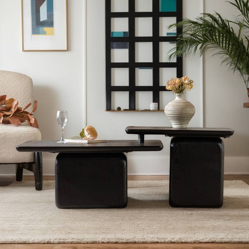 Vintage Fashion Style Square Coffee Table Set with Wood Grain Finish(Set of 2) - Black
