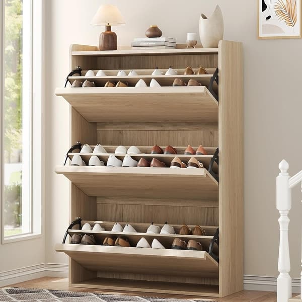 Narrow Shoe Storage Cabinet With 3 Flip Drawers, Farmhouse Flut