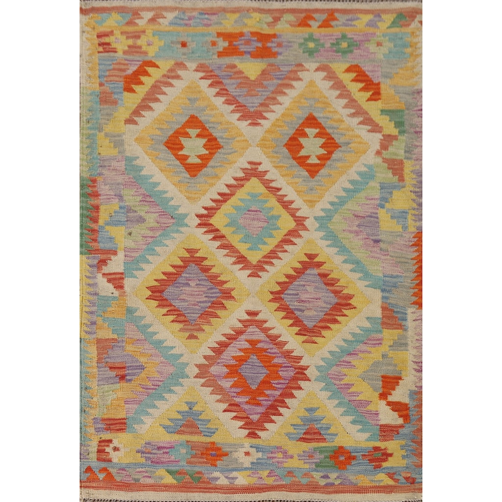 Multicolor Kilim Area Rug Reversible Flatweave Wool Carpet - 3'4"x 4'11"