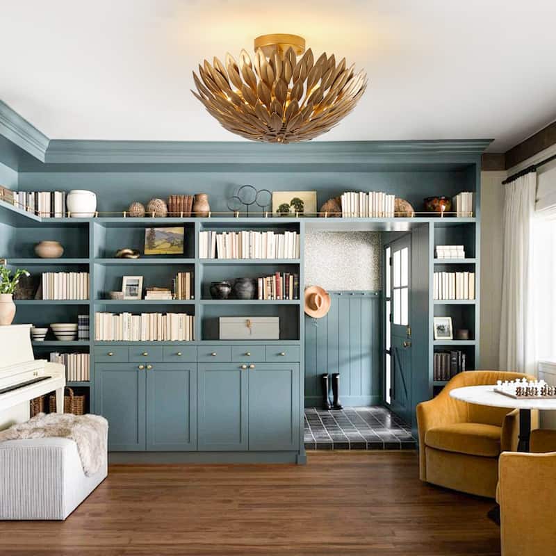 Antique Gold Olive Leaf 3-Light Semi Flush Mount Ceiling Light - 16" W x 10.1" H