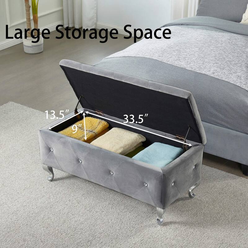 Upholstered Rectangular Storage Ottoman Bench with Crystal Buttons