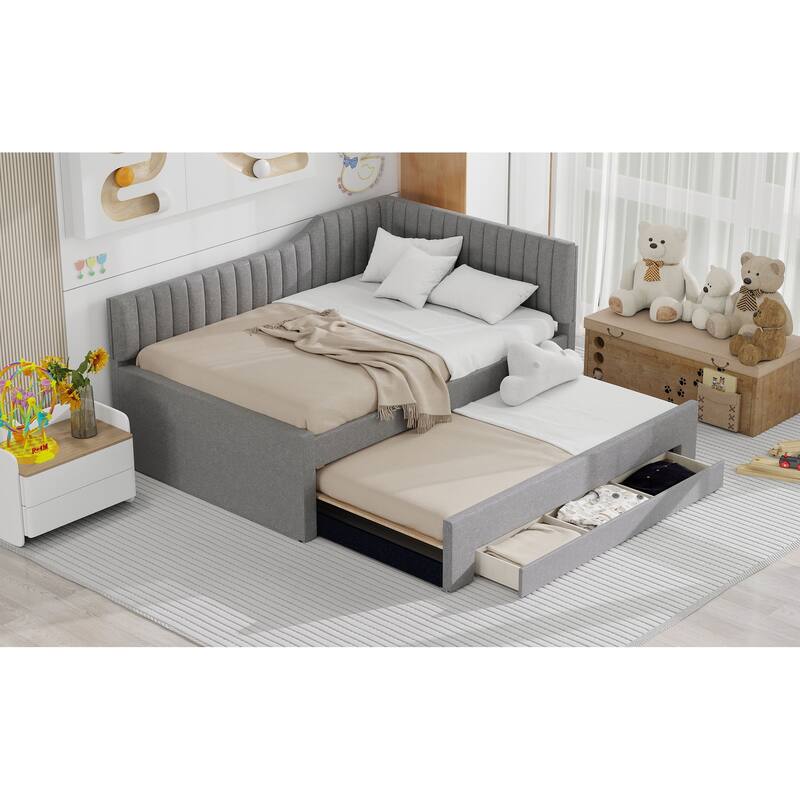 Upholstered Linen Bed Frame, Full Size Daybed with Pull-out Trundle and Storage Three Drawers for Bedroom/Apartment