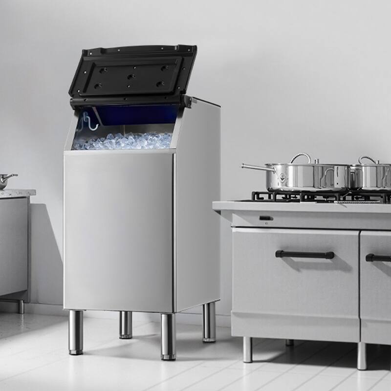 Silver-Black Stainless Steel Commercial Ice Maker Storage Bin 300lbs with Gravity Drainage and Insulated Casing