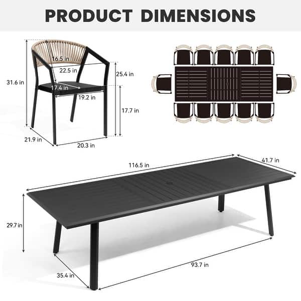 dimension image slide 1 of 7, 9/11/13-Piece Patio Dining Set Outdoor All-Weather Aluminum Dining Table and Woven Twist Wicker Stackable Chairs