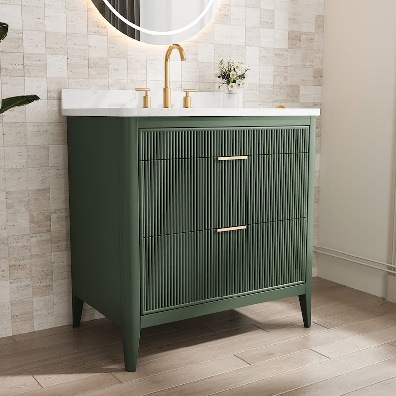 Modland 36" Freestanding Bathroom Vanity with Carrara Marble Top, Soft-Close Drawers, Fully Assembled, Green/Grey - 36 inch - Vintage Green