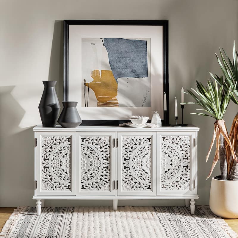 Ismenides Traditional Carved Built-in Lighting Sideboard Storage TV Stand By HULALA HOME - White