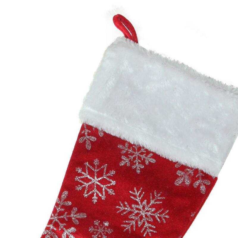 20-Inch Red and Silver Glitter Snowflakes Christmas Stocking With a Faux Fur Accent - 20"