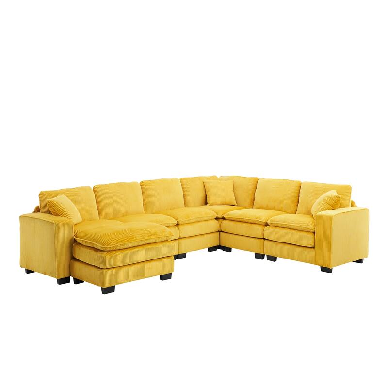 Modern U Shaped 6-seat Sectional Corduroy Sofa Couch with one Ottoman and three toss pillows ,Modular Sofa for Living Room