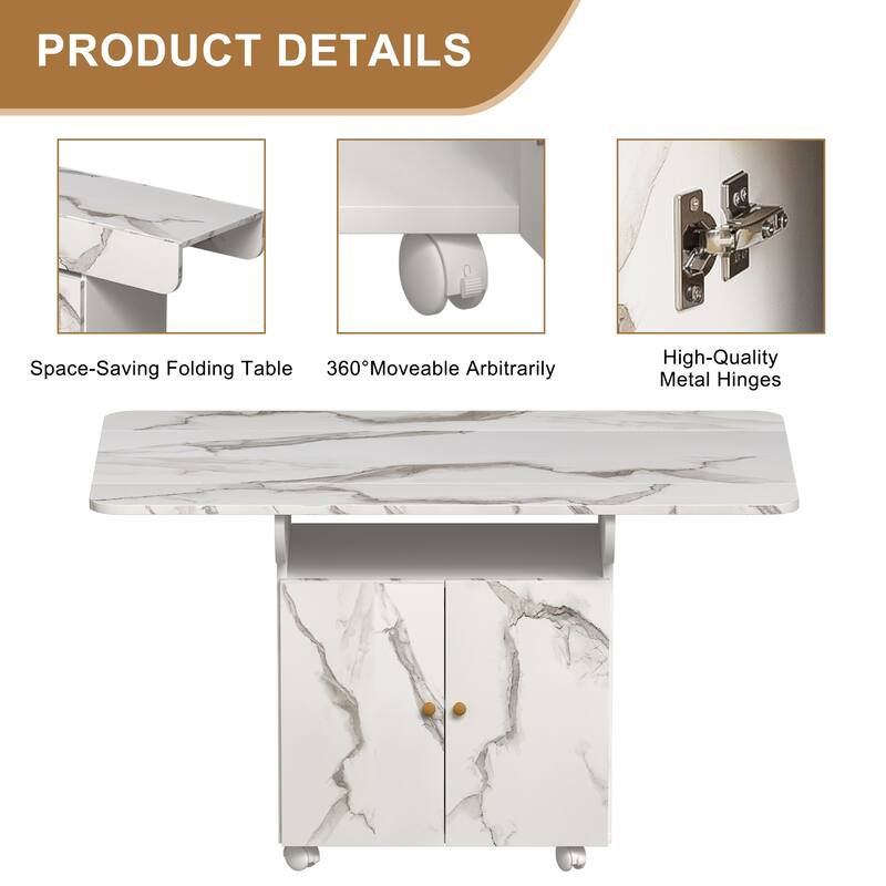 Roomfitters Folding Dining Table with Storage Rack, Marble Top Kitchen Island Console Table on Wheels, White