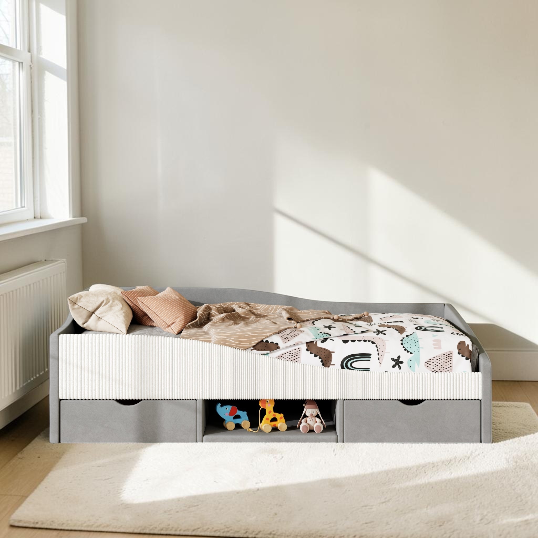Upholstered Daybed with 2 Storage Drawers and Center Shelf, Velvet Corduroy Platform Bed for Kids