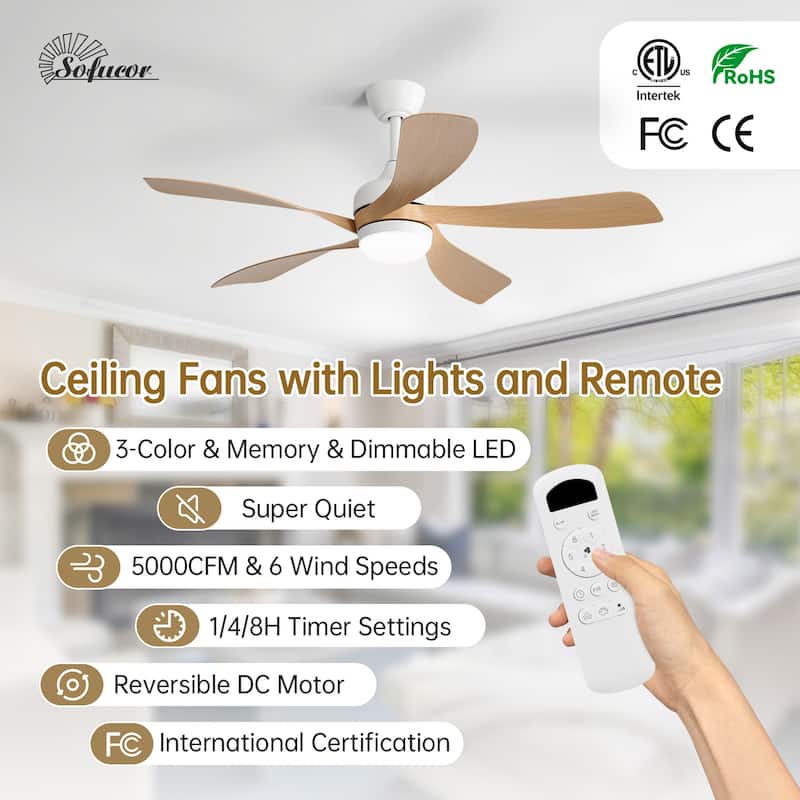 42“/52"/60"/48" Noiseless Walnut Wood Ceiling Fan with Remote Control, Integrated Light Optional