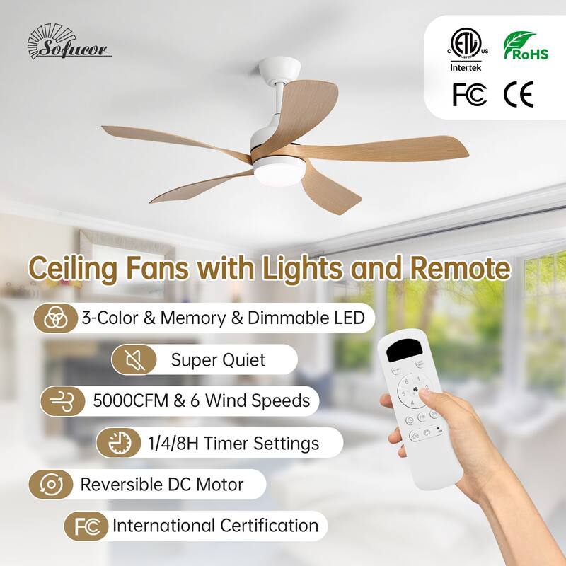 52" Indoor Noiseless Ceiling Fan with Integrated LED Light and Remote - 52 inches