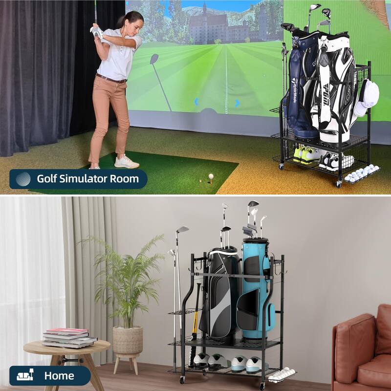 Golf Bag Storage Organizer for Garage with Side Club Rack and Accessory Baskets