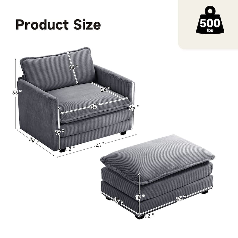 Corduroy Single Sofa Chair, including a Removable Ottoman