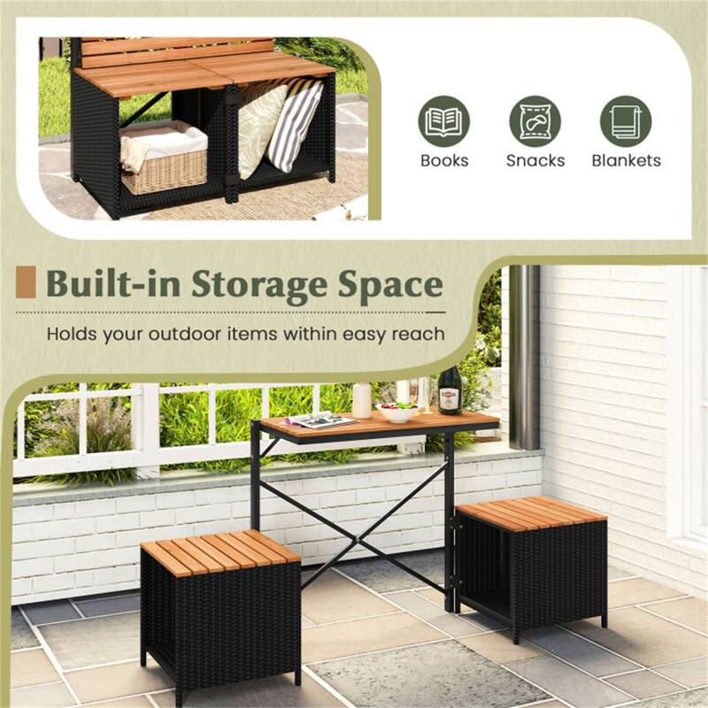 Convertible Outdoor Patio Table and Chairs Set 2-Seater Bench PE Rattan Acacia Wood Metal Frame - 66" × 18" × 32"