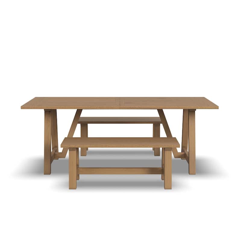 Trestle Brown Wood Dining Table with 2 Benches