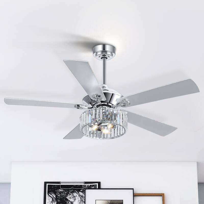 52-inch 5-Blade Chrome Crystal Ceiling fan with Light and Remote - Chrome - Remote