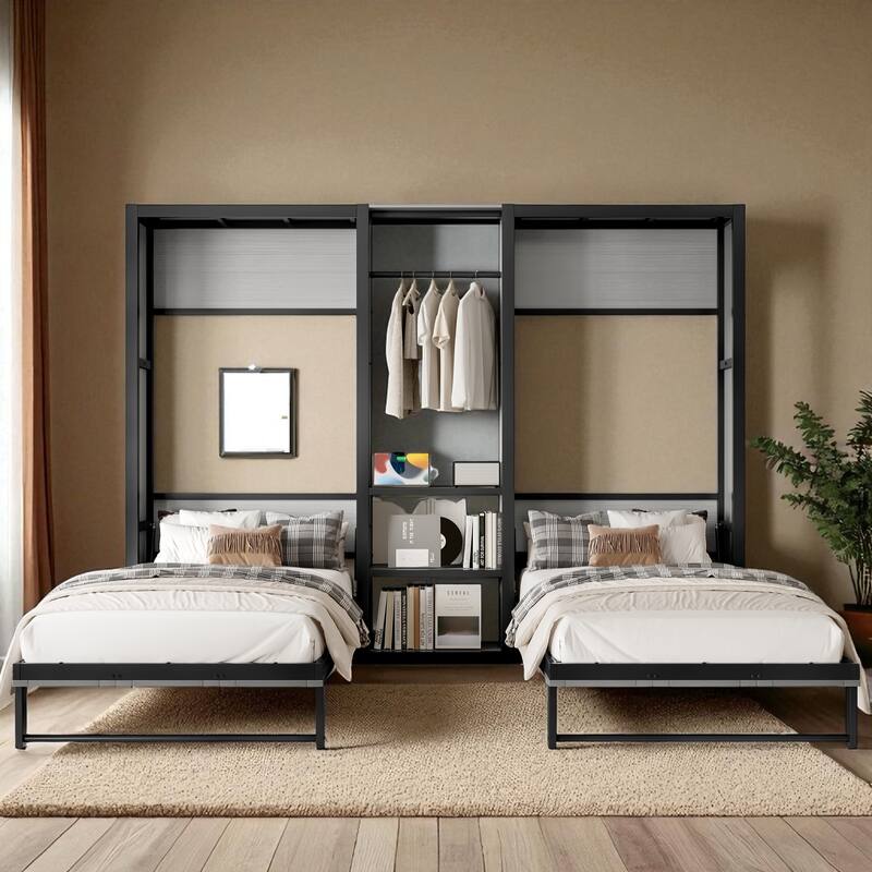 Twin Size Foldable Metal Murphy Bed with Wardrobe, Shelves, and Power Outlet, Space-Saving 2-in-1 Design