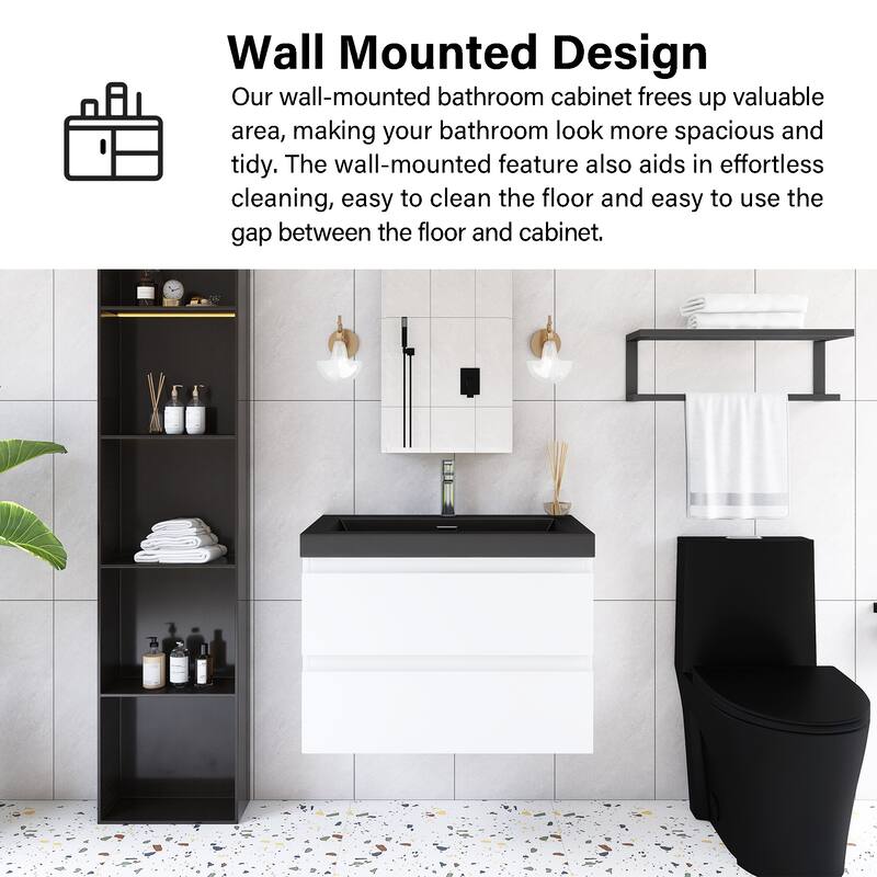 24/30/36 inch Wall-Mounted Bathroom Vanity Set in White with Integrated Black Resin Sink