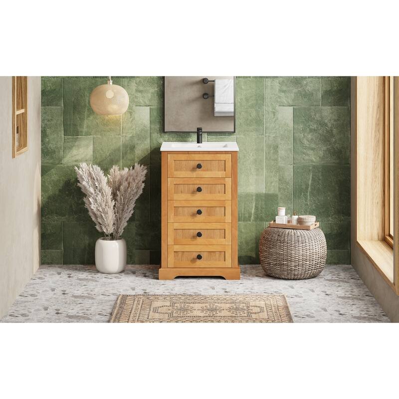 20" Bathroom Vanity with Integrated Ceramic Sink, Bathroom Cabinet with Soft-Closing Door, Solid Wood Bottom Frame
