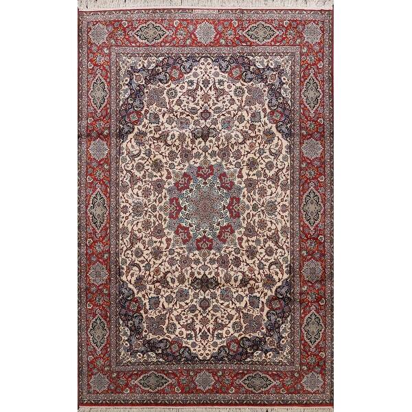 slide 1 of 20, Wool & Silk Floral Ivory Isfahan Persian Area Rug Hand-Knotted - 8'5" x 11'9"