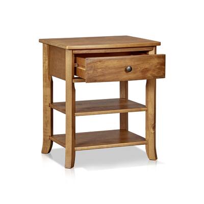 24 Inch Teak Wood Nightstand, 1 Drawer and 2 Shelves, Brown
