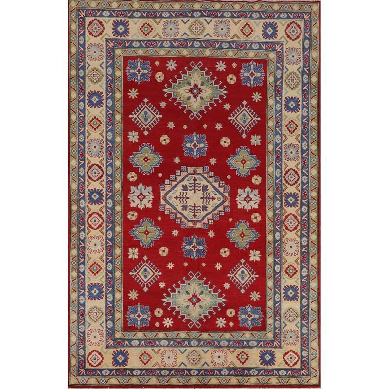 Geometric Red Kazak Oriental Area Rug Living Room Handmade Wool Carpet - 6'7" x 9'10"