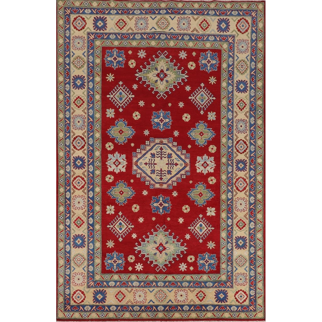 Geometric Red Kazak Oriental Area Rug Living Room Handmade Wool Carpet - 6'7" x 9'10"