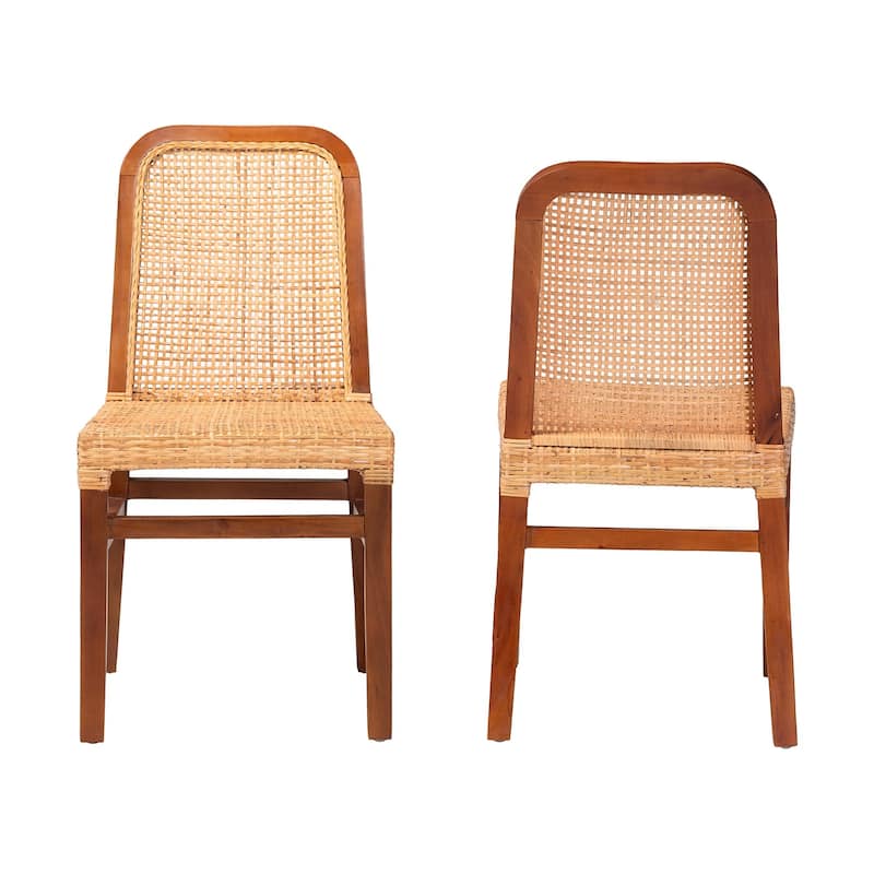 Caspia Mid-Century Mahogany Wood/ Natural Rattan 2-Piece Dining Chair Set
