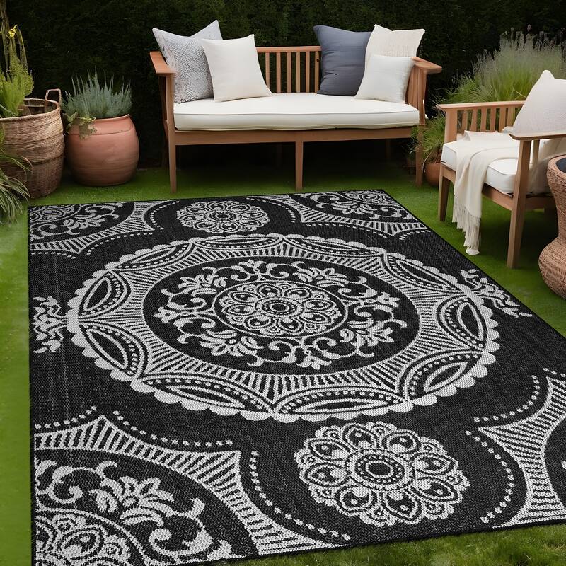 Beverly Rug Blue Medallion Indoor Outdoor Rug, Outside Carpet for Patio, Deck, Porch