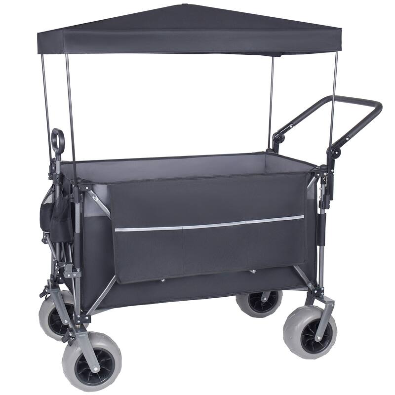 Multi-Functional Push-Pull Folding Wagon Cart with Rotating Handle & Canopy, 9"x4" Beach Tires, 300L Large Capacity - Grey/Black