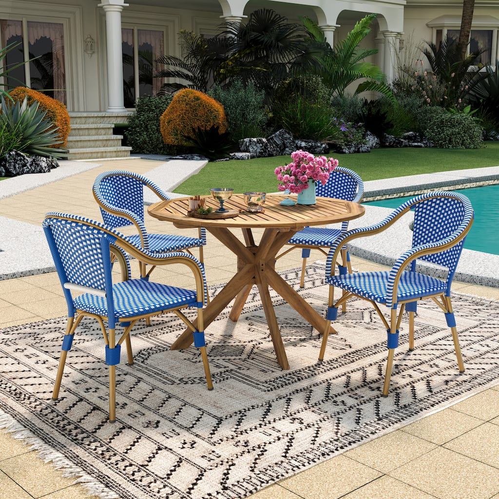 Christopher Knight Home - Iris 5-Piece Outdoor Dining Set with Four Woven Metal Frame Chairs and Acacia Wood Round Table