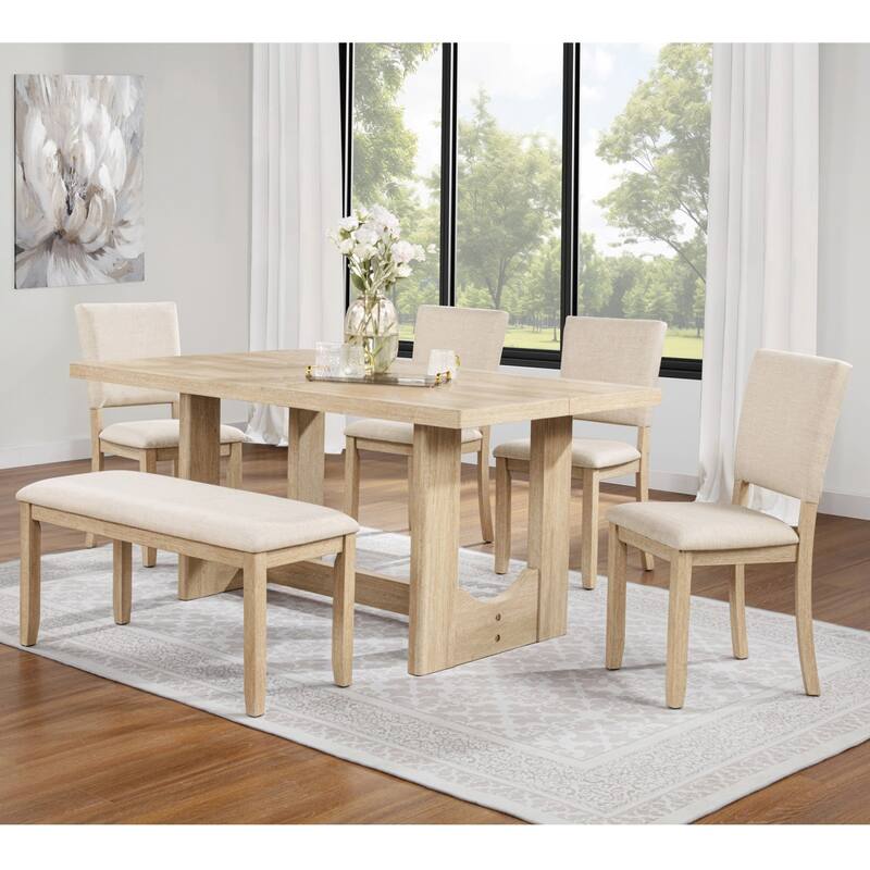 6-Piece Dining Set, Wooden Rectangular Table with Bench and 4 Chairs