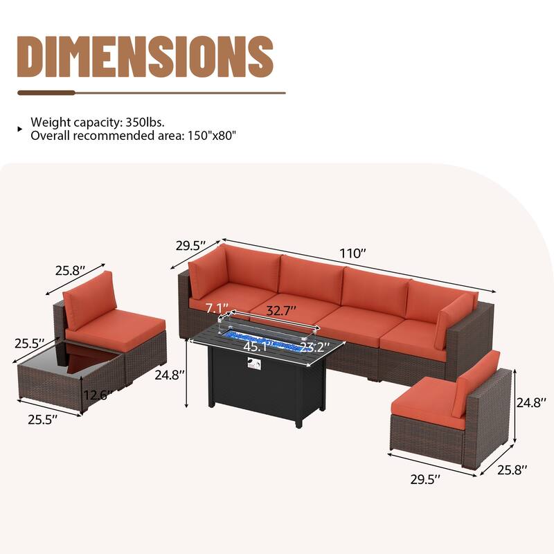Outdoor Wicker Sectional Sofa 8-Piece Set with Fire Pit Table