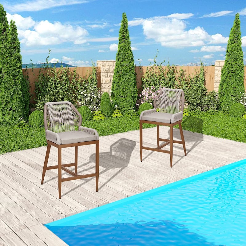 Counter Height Bar Stools Set of 2 Boho Rope Counter Height Bar Stools Rattan Woven Aluminum Modern Barstools