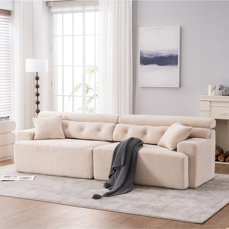 103.2" Fabric 4-Seater Sofa, Raised Back, 2 Pillows and Deep Seat Design - Apricot Cream