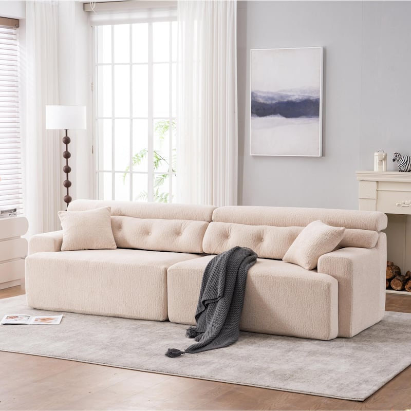 4-Seater Chenille Full Sponge Compression Combined Sofa with 2 Pillows - Apricot Cream