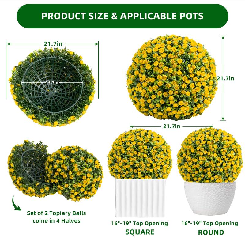 Flower Topiary Ball Decorative Balls 2PCS, Artificial Topiary Balls, for Outdoor Patio Garden and Indoor - yellow 21.6in