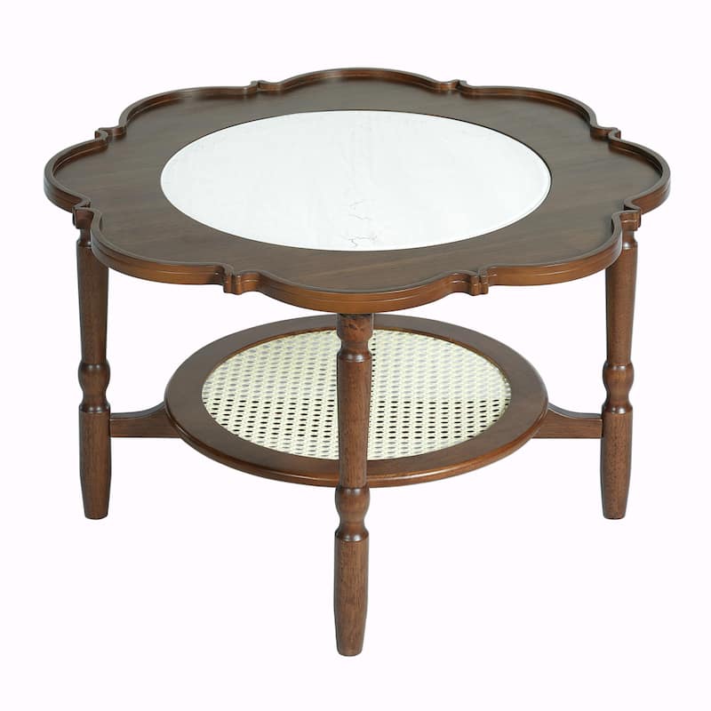 Mid-Century Style 2-Tier Coffee Table with Petal-Shaped White Crackle Pattern Glass