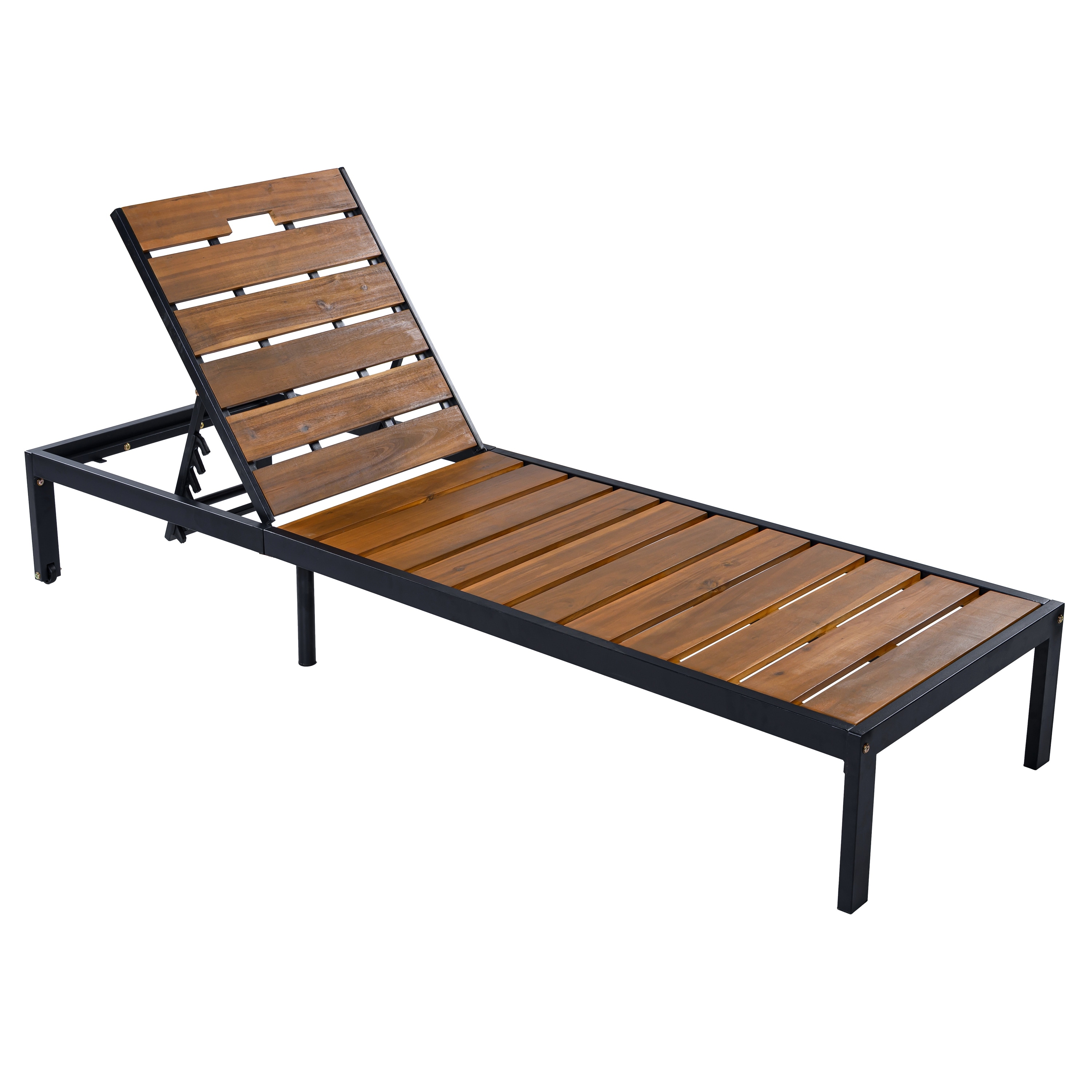 Roomfitters Modern Adjustable Outdoor Chaise Lounge Chair with Acacia Wood Slats and Metal Frame for Poolside