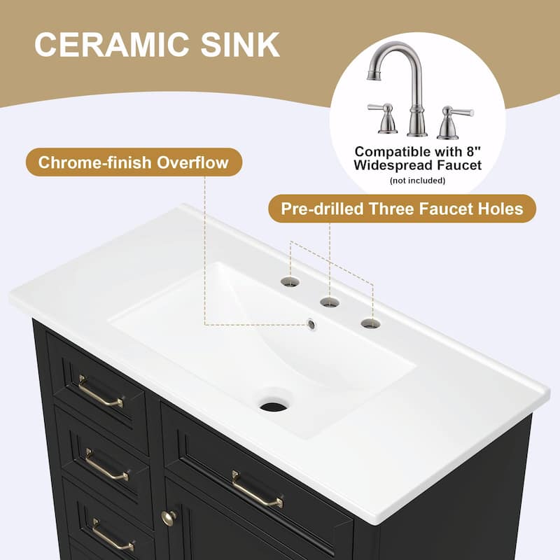 36-Inch Bathroom Vanity with Ceramic Sink Top - 4 Drawers and 1 Soft-Close Door
