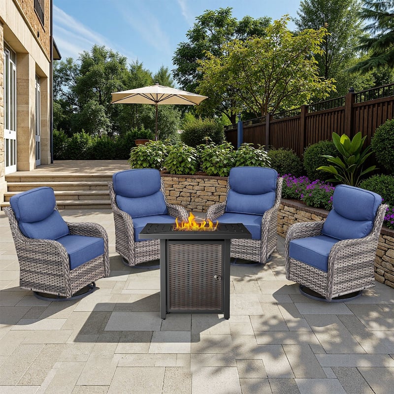 Arcadia 5-Piece Wicker Patio Set with 4 Swivel Glider Chairs and Square All-Iron Fire Pit - Navy Blue Cushions - Gray Wicker