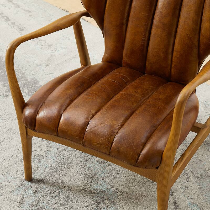 Art Leon Genuine Leather and Ash Wood Accent Chair