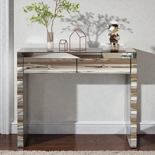 Silver Mirrored Console Table with Curved Mirror Front & 2 Drawers, Modern Dressing Table for Hallway & Living Room