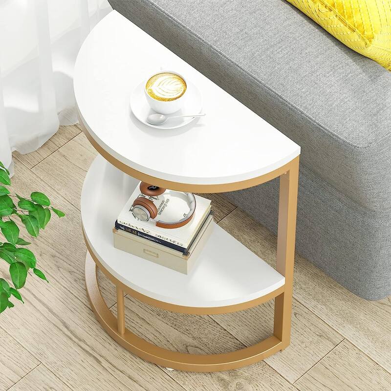 Half Round End Table, Narrow Side Table Slim C Table with Metal Frame