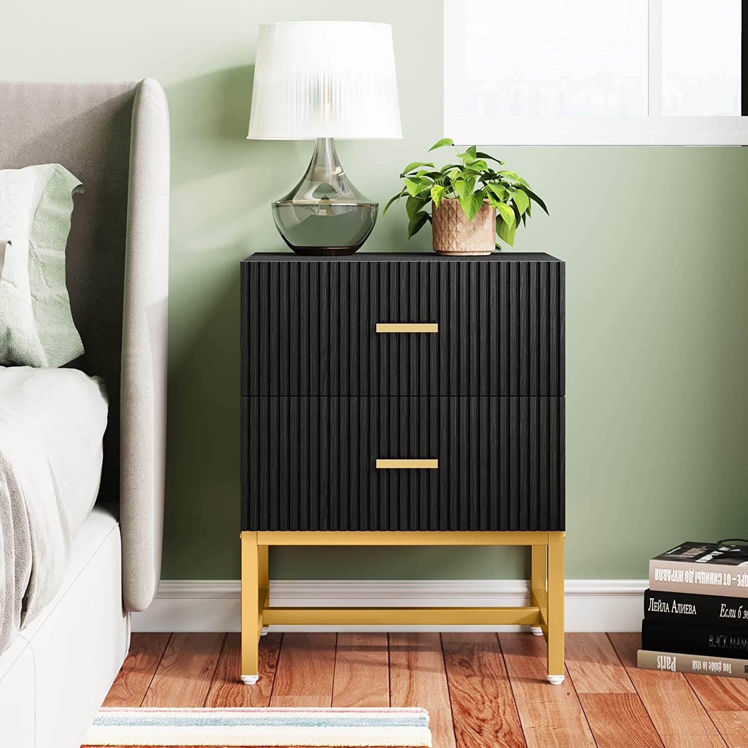 Nightstand, 2 Drawer Dresser for Bedroom, Small Side Table with 2 Drawers,  Bedside Furniture, Night Stand, End Table with Gold Frame for Bedroom