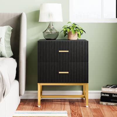 2-Drawer Nightstand, Modern Black and Gold Bedside Table for Bedroom