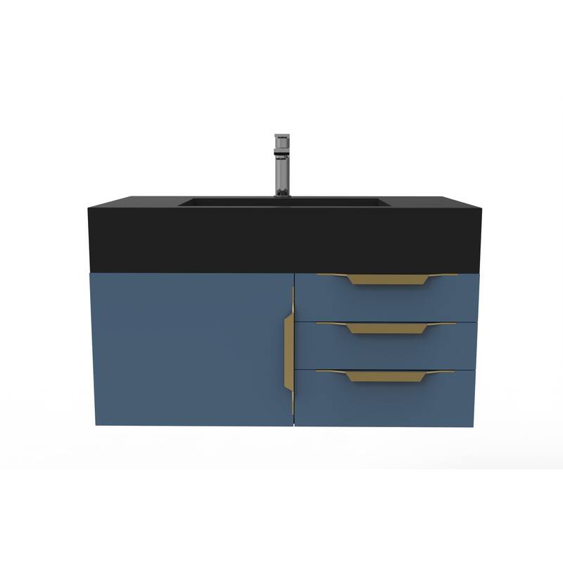 Nile 36" Wall Mounted Bathroom Vanity Set w/ Black Top - Blue - Gold Finish