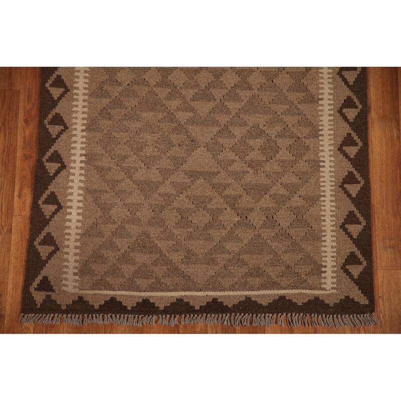 Reversible Brown Kilim Oriental Area Rug Hand-woven Wool Carpet - 3'3" x 4'11"